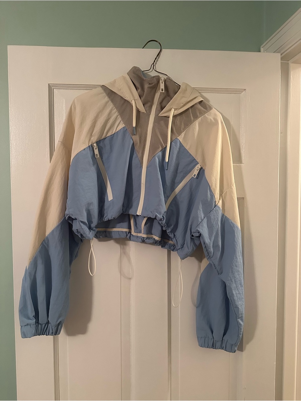 Zara Blue and Cream Cropped Bomber Jacket